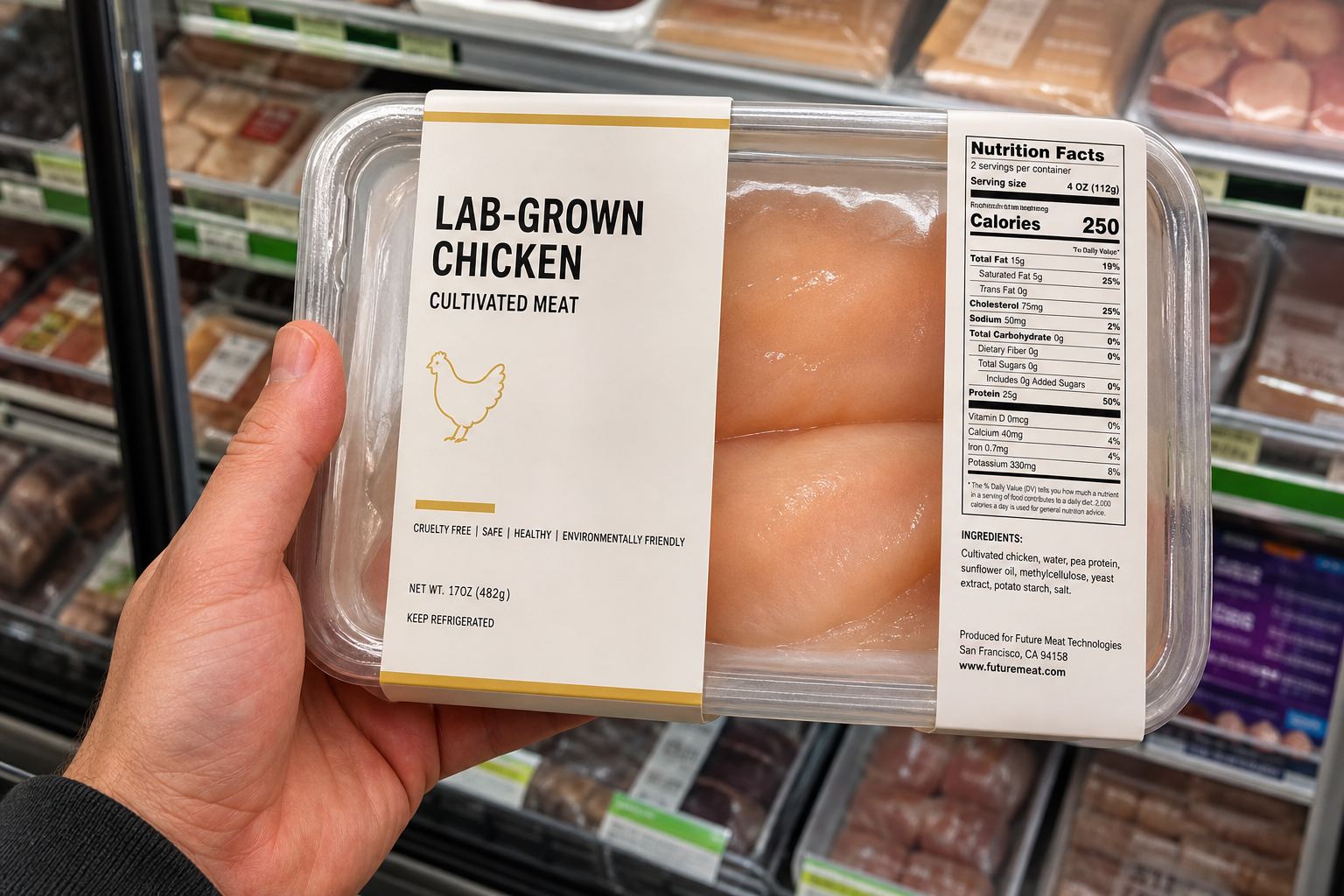 A supermarket pack labelled lab-grown chicken.