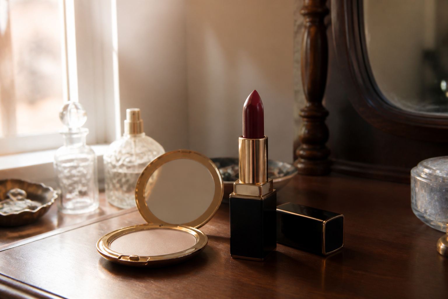 A red lipstick and an open compact on a wooden dressing table.