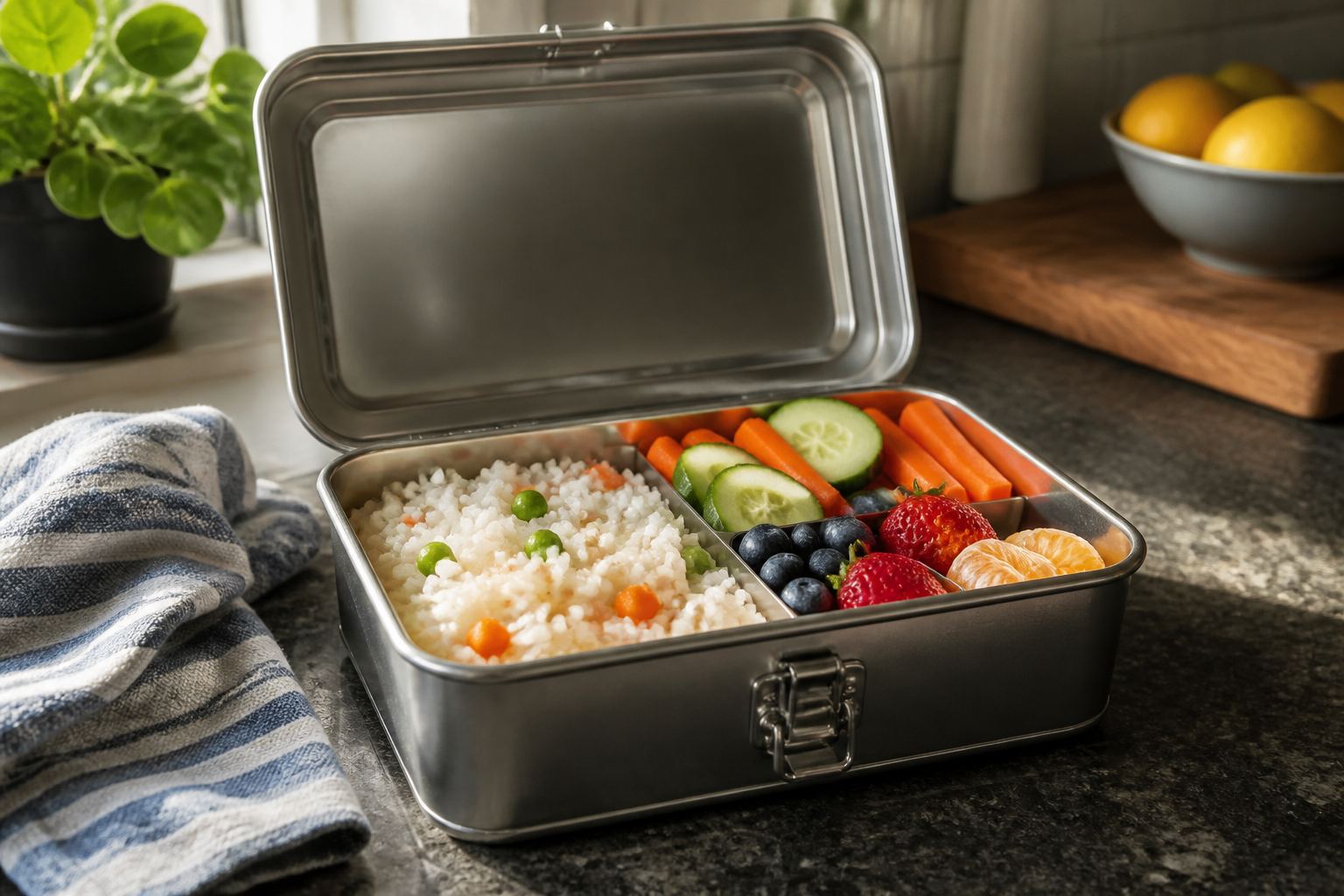 An open lunchbox with rice, vegetables, and fruit on a kitchen counter.