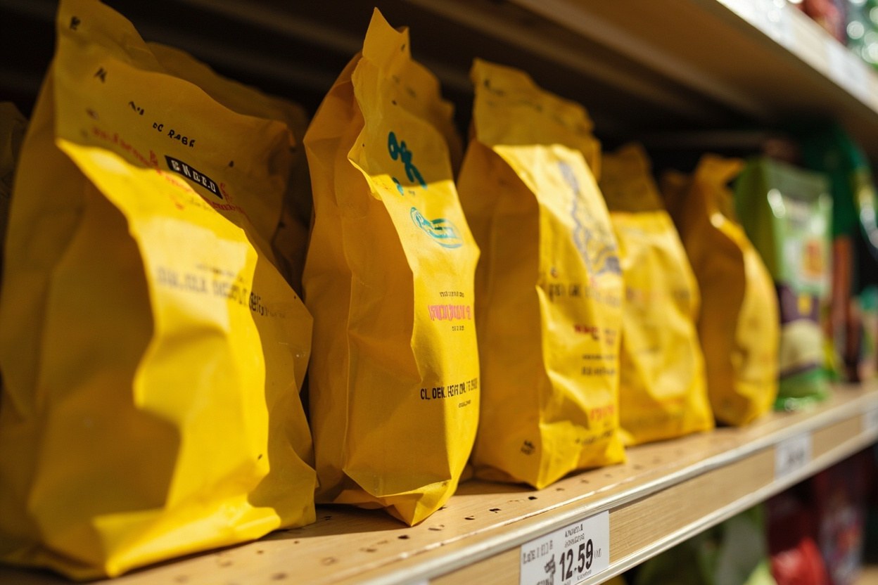 Yellow paper bag of gluten free flour on a wooden supermarket shelf in soft daylight