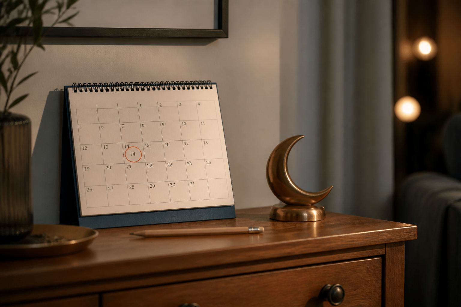 A wall calendar on a wooden sideboard with a moon visible through the window.