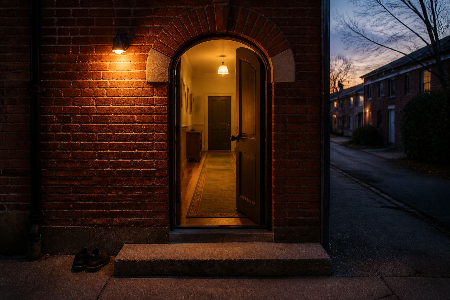 A neighbourhood mosque doorway at dusk with a pair of shoes on the step.