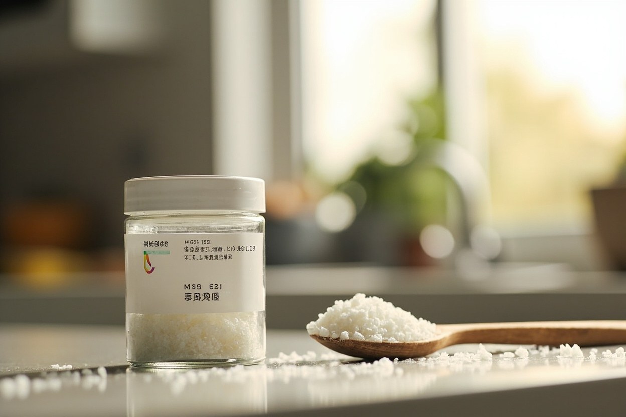 A glass jar of white MSG crystals on a kitchen counter, soft daylight from a window in the background, a wooden spoon resting on the side.