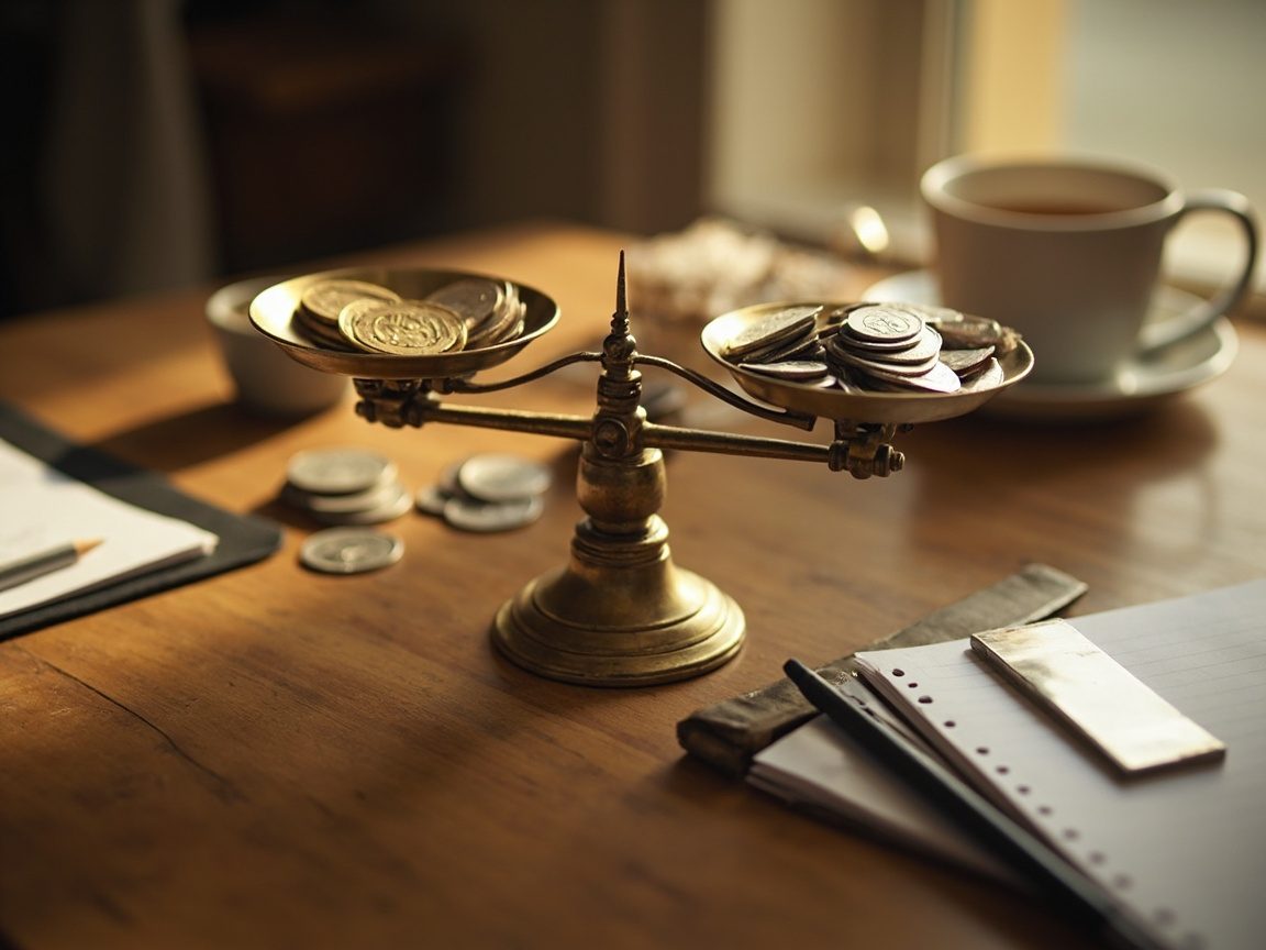 A small brass balance scale on a wooden kitchen table with gold coins on one pan and silver coins on the other, beside a cup of tea and a notebook.