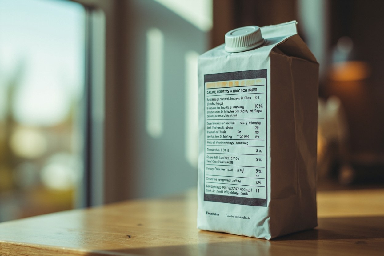 Close up of an oat milk ingredient list with vitamin D3 line highlighted indoors