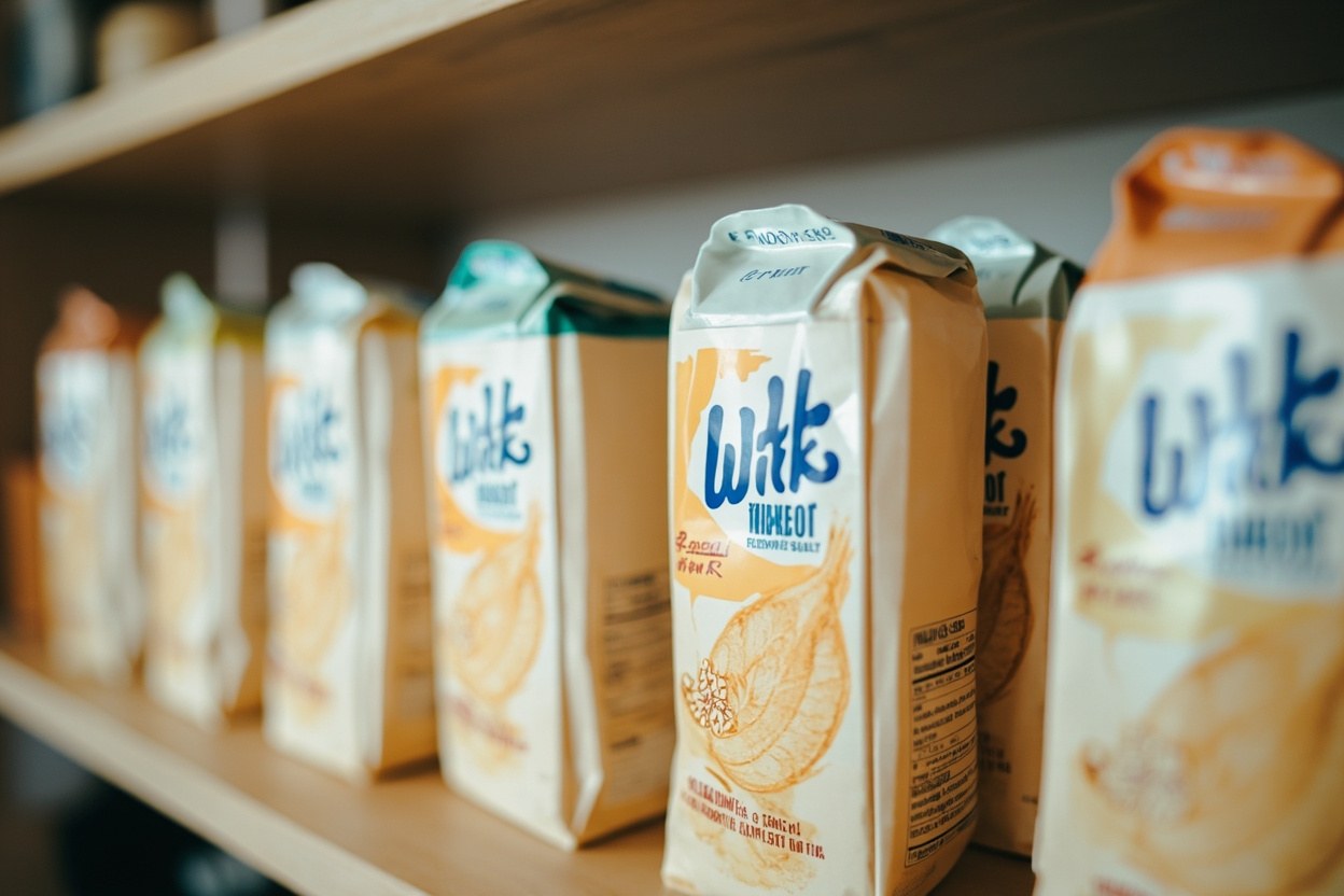 Cartons of oat milk lined up on a kitchen shelf in soft daylight