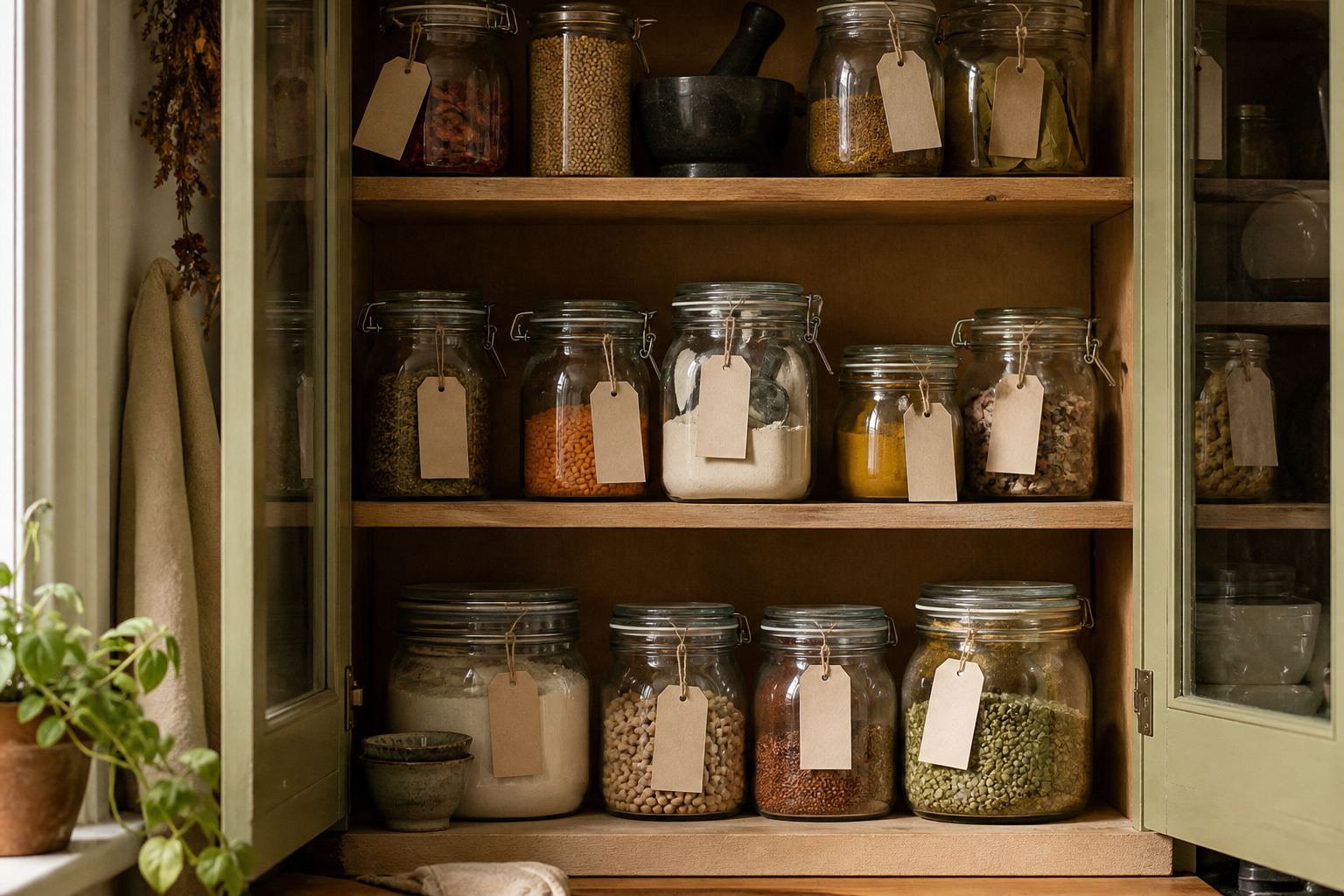 Glass pantry jars of pale crystals and spices on wooden shelves.