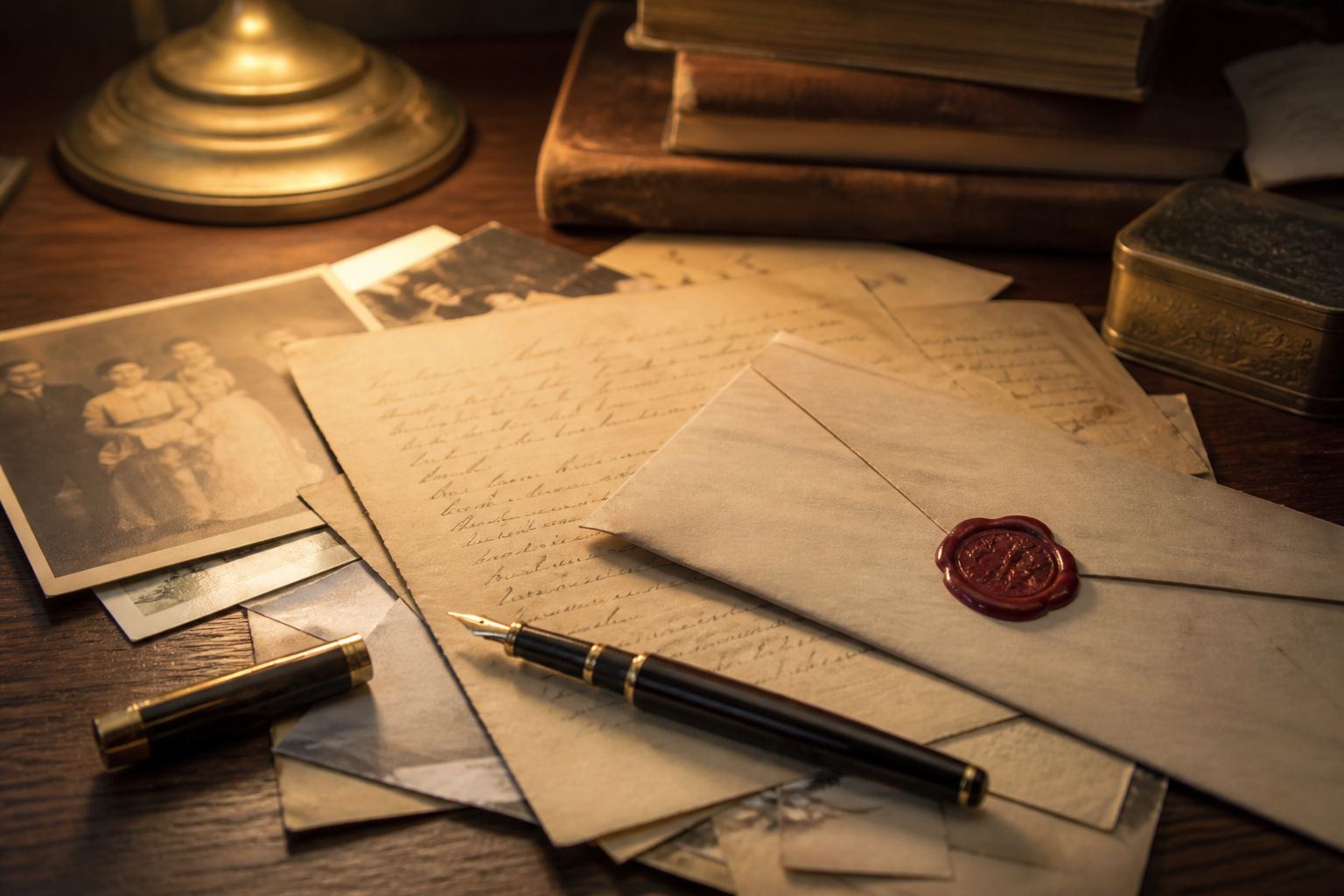 A stack of household papers and a pen on a wooden table.