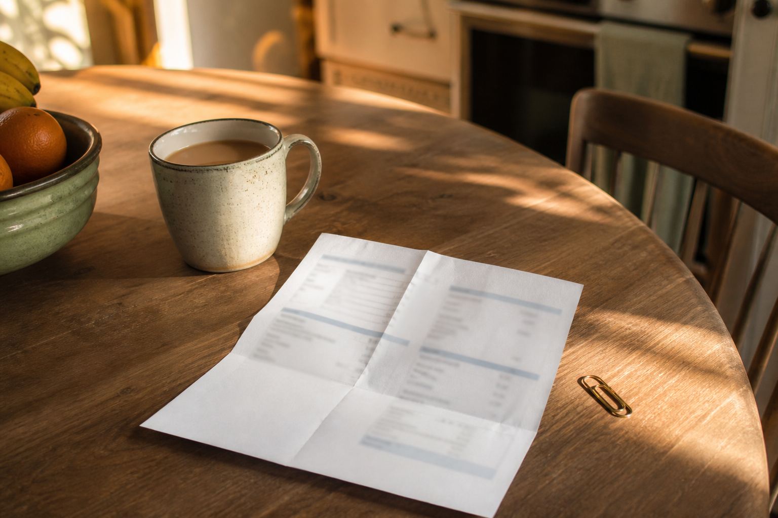 A folded paper payslip on a kitchen table next to a mug of tea.