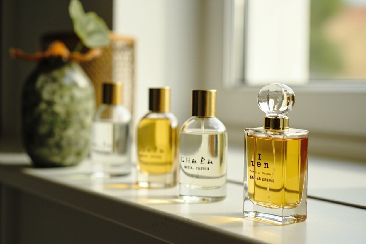 Glass perfume bottles of varying shapes arranged on a softly lit bathroom shelf in natural daylight