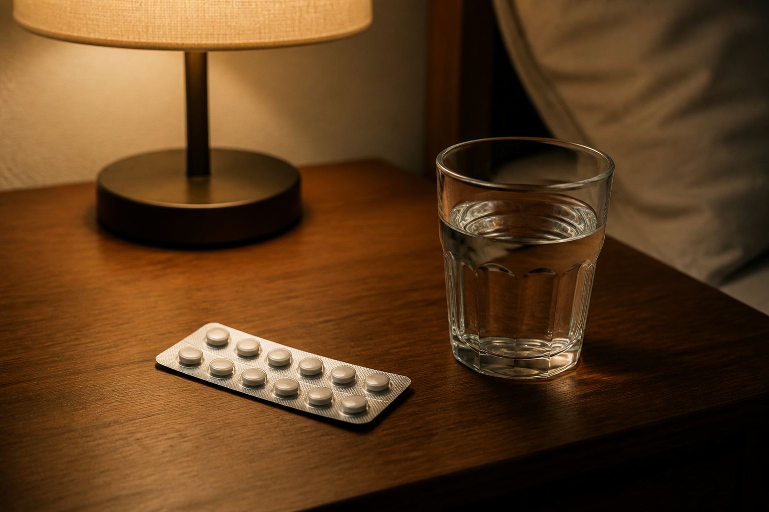 A blister pack of plain white pills and a glass of water on a nightstand.