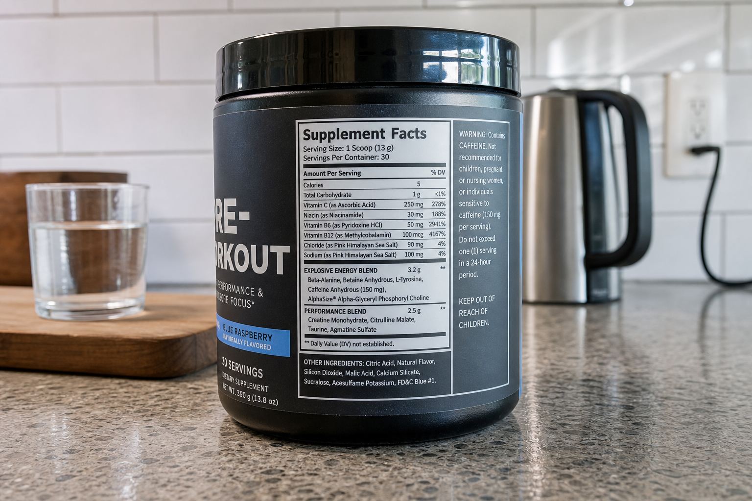A labelled pre-workout tub with the ingredients panel turned out.