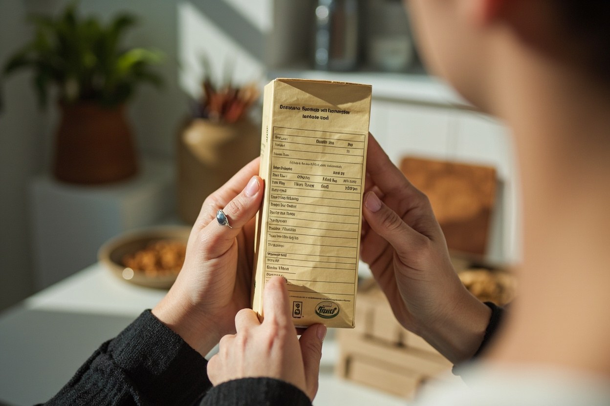 Hands holding the back of a Banza box to read the ingredient panel in a bright kitchen interior