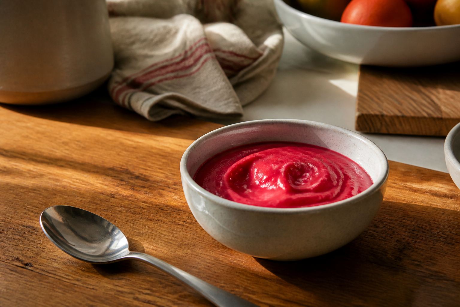 A small bowl of bright red yoghurt and a silver spoon on a kitchen table.