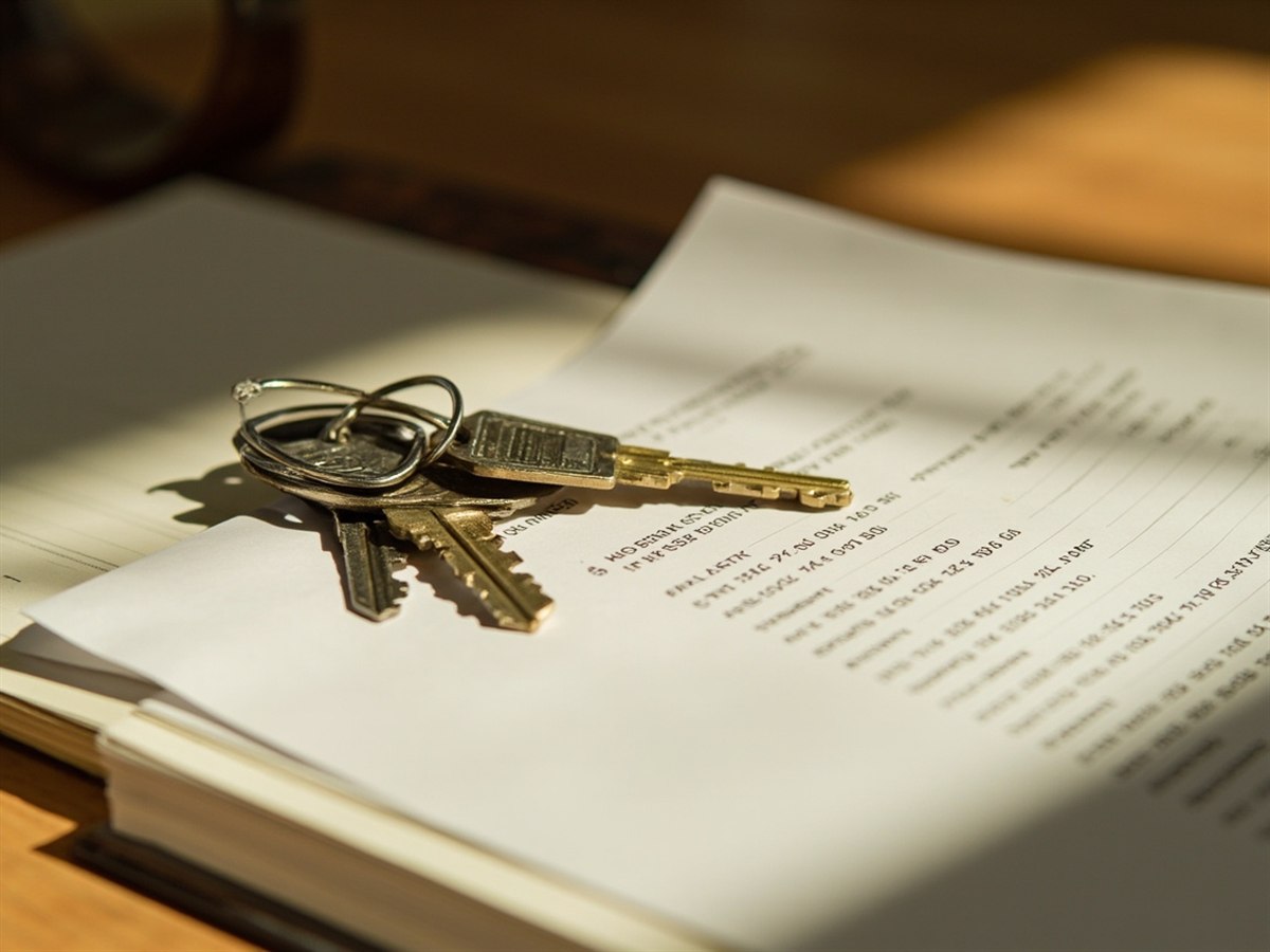 A set of house keys on top of a tenancy agreement on a kitchen table, beside handwritten column of monthly rent figures in a small notebook.