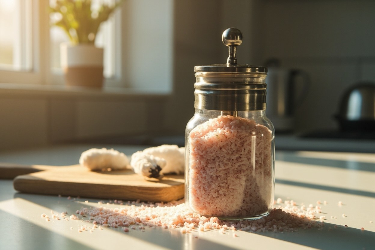 Pink rock salt grinder on a kitchen counter in soft morning daylight