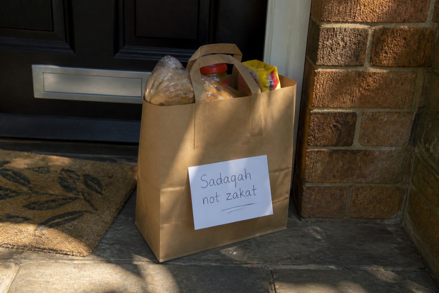 A grocery bag left on a neighbour's step, marked sadaqah not zakat.