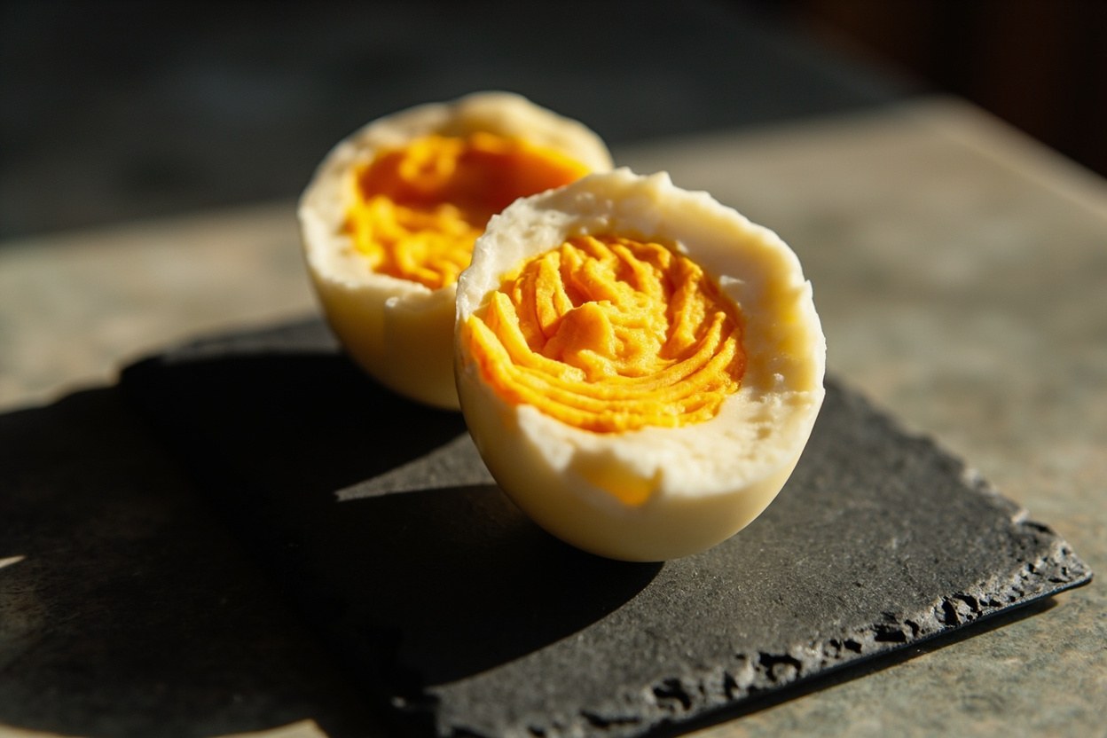 A cut Scotch egg on a slate board showing the layered centre under daylight