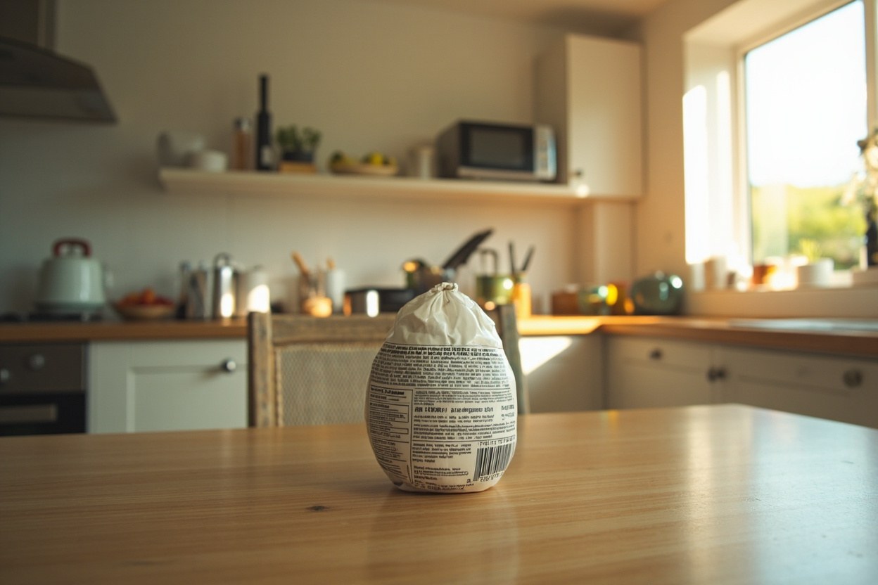 A wrapped Scotch egg pack with the ingredient panel facing the camera in a bright kitchen