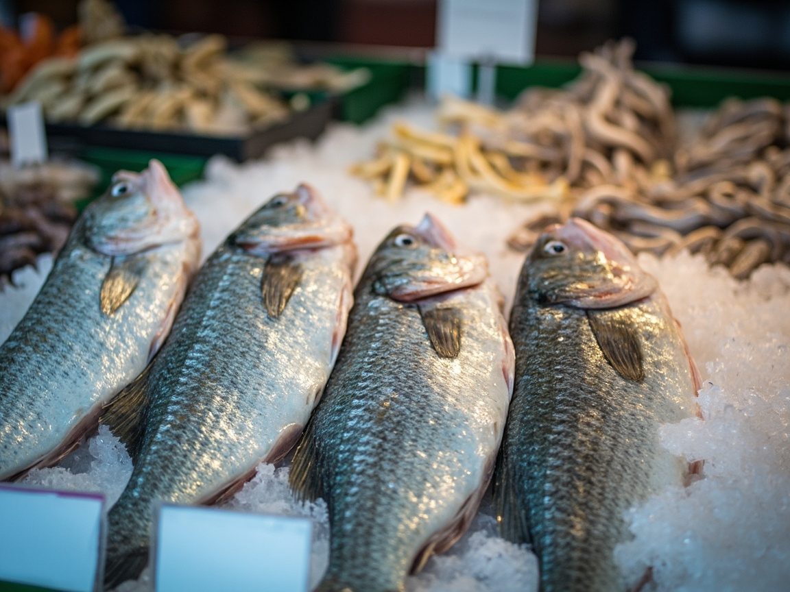 Whole scaled fish lying on crushed ice at a fishmonger's counter, with trays of squid and other seafood out of focus behind them.