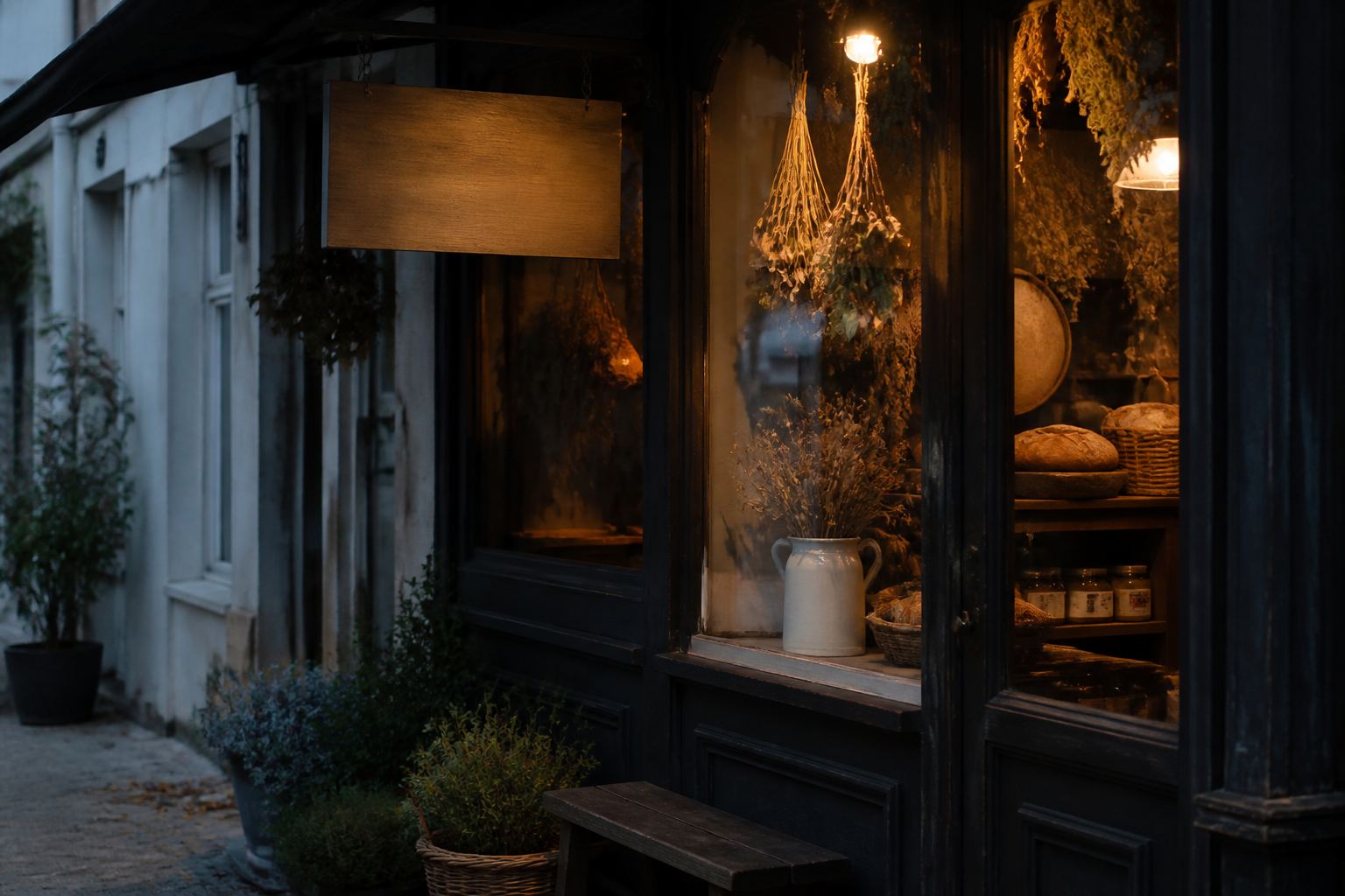 A small shop window at dusk with a blank hanging sign and warm interior light.