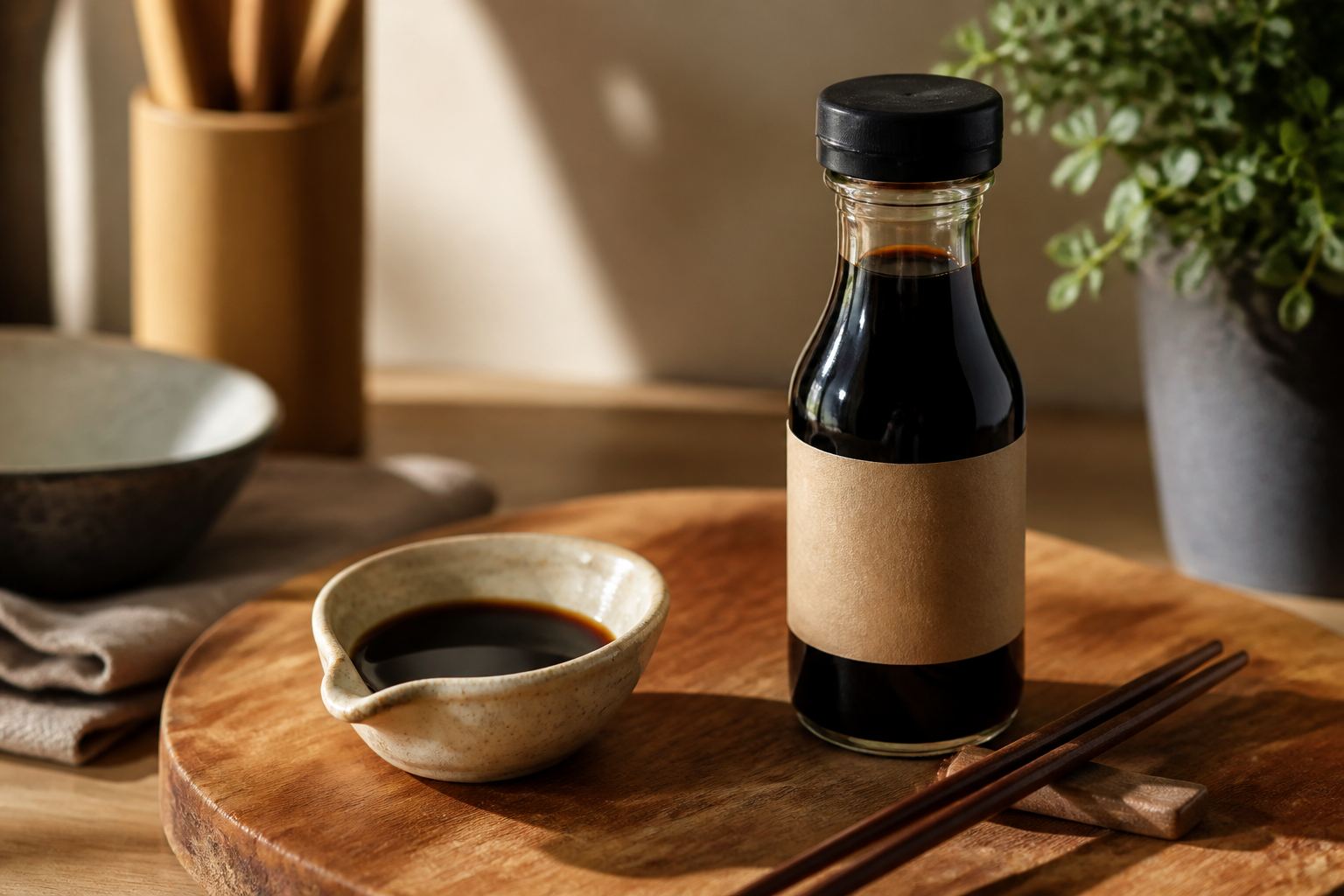 A dark glass soy sauce bottle and a small ceramic pouring dish on a wooden board.