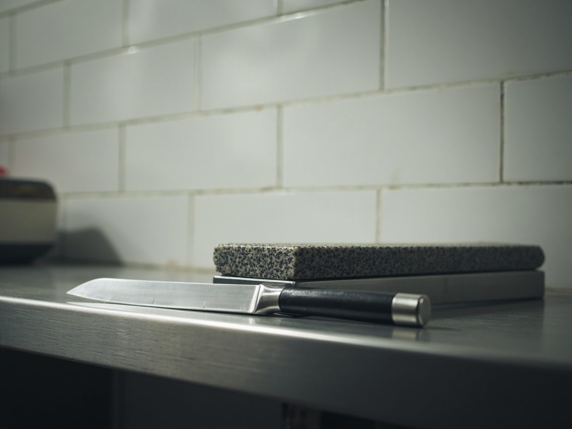 A long stainless steel knife resting beside a sharpening stone on a clean steel bench against a white tiled wall.