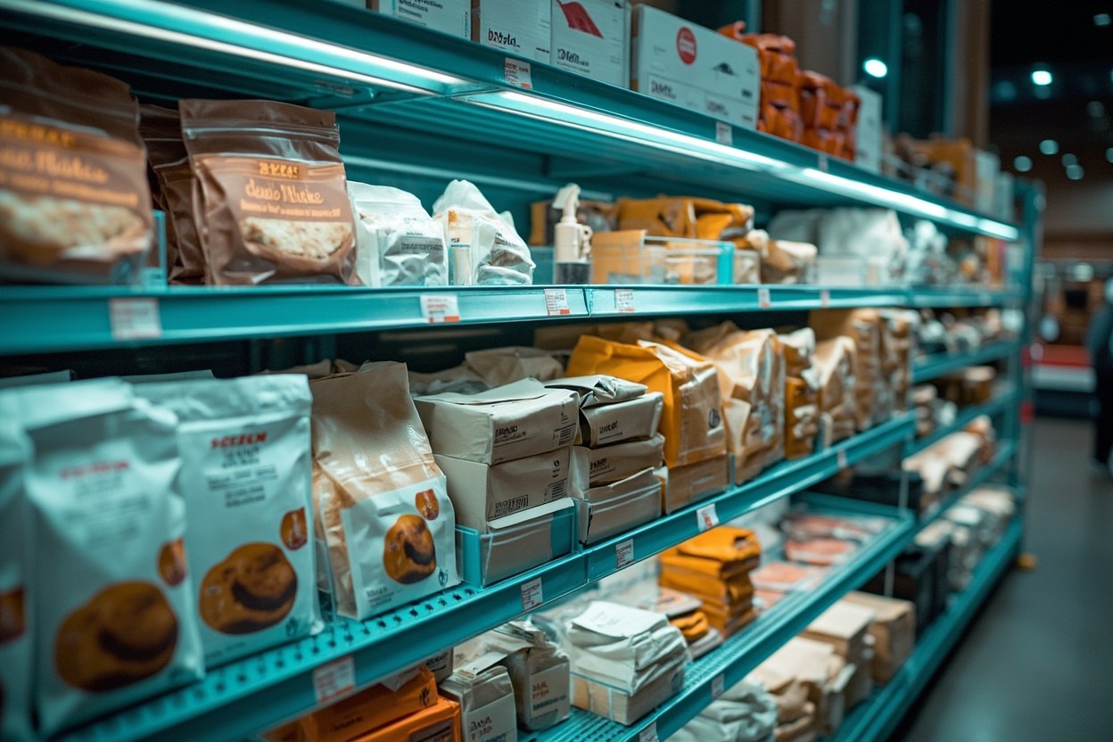 A supermarket aisle shelf lined with sugar free baking products in plain pouches and boxes, lit by cool LED interior lighting
