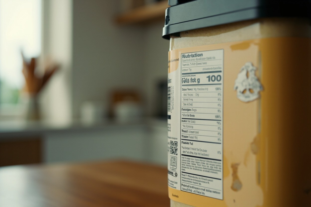 A close up of a sugar free nutrition label in a quiet kitchen interior