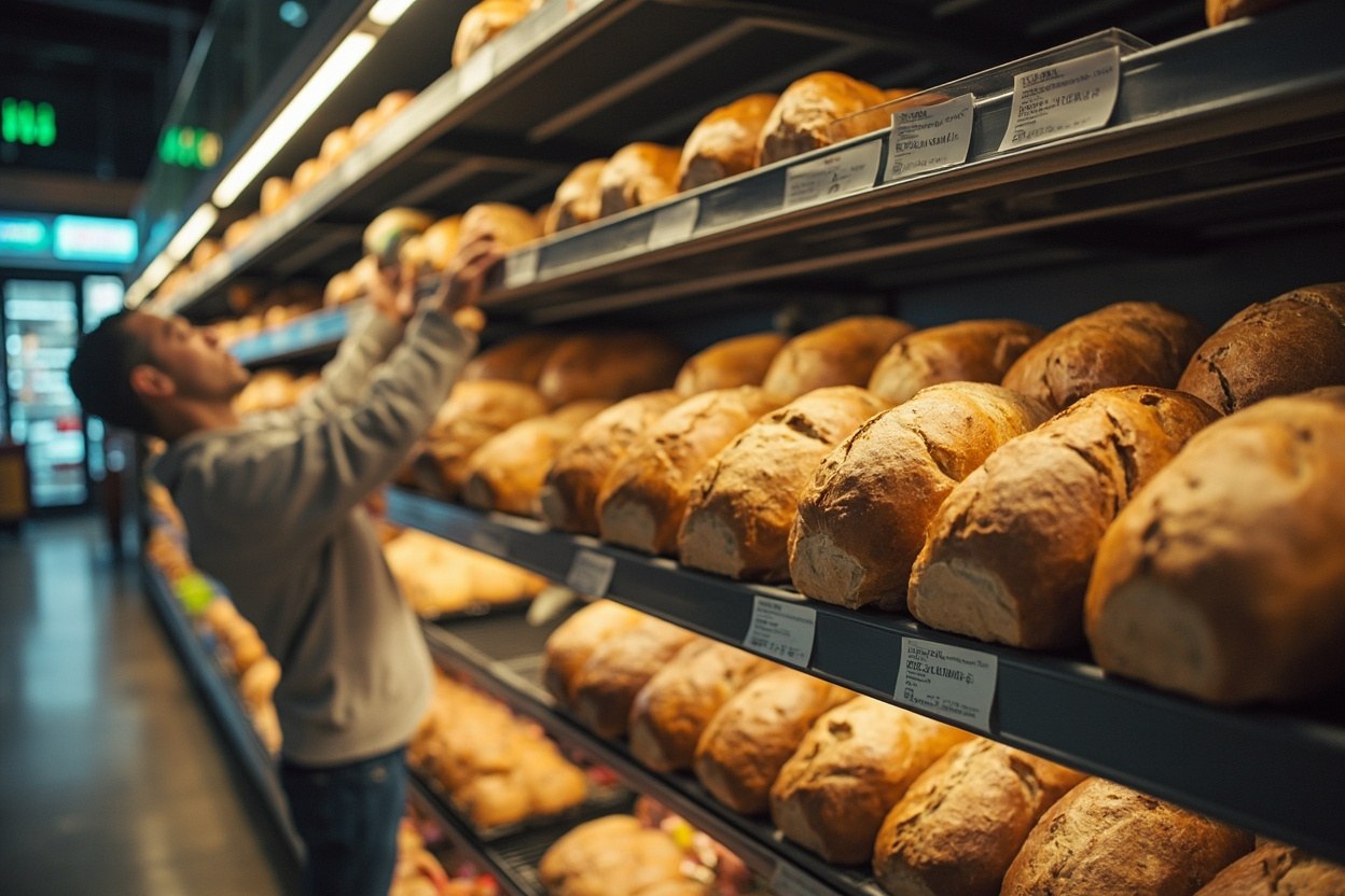 A supermarket bakery aisle with whole wheat loaves lined up on the top shelf, soft interior lighting and a shopper reaching for a pack.