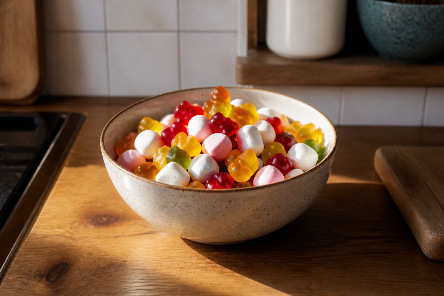 A ceramic bowl of gummy sweets on a kitchen counter.