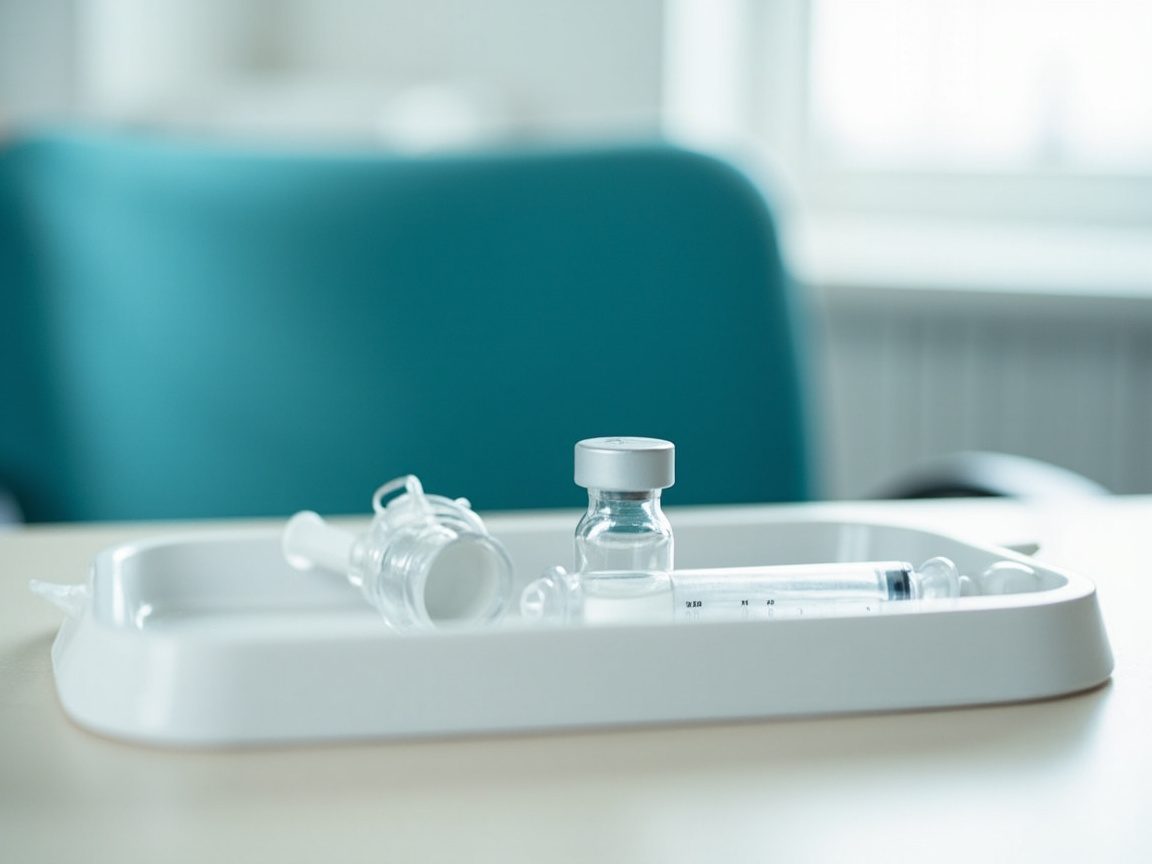 A small blank glass vial and a capped syringe on a white tray in a bright GP treatment room, with a teal chair behind.