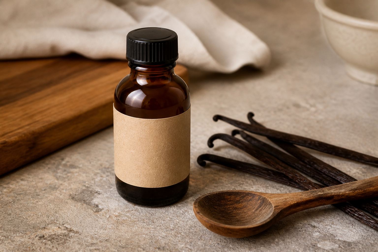 An amber extract bottle and vanilla beans on a stone kitchen counter.