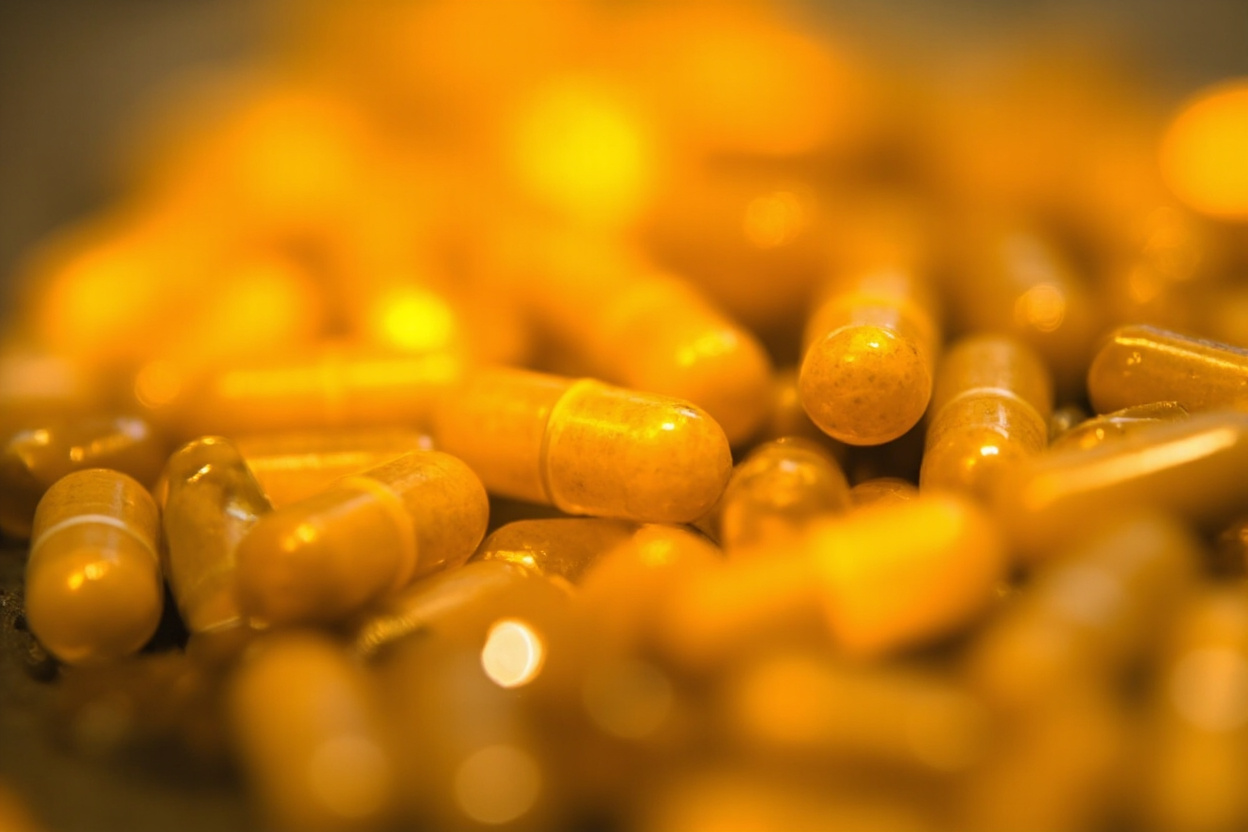 Close up of shiny vitamin capsules with a beeswax coating under warm interior light