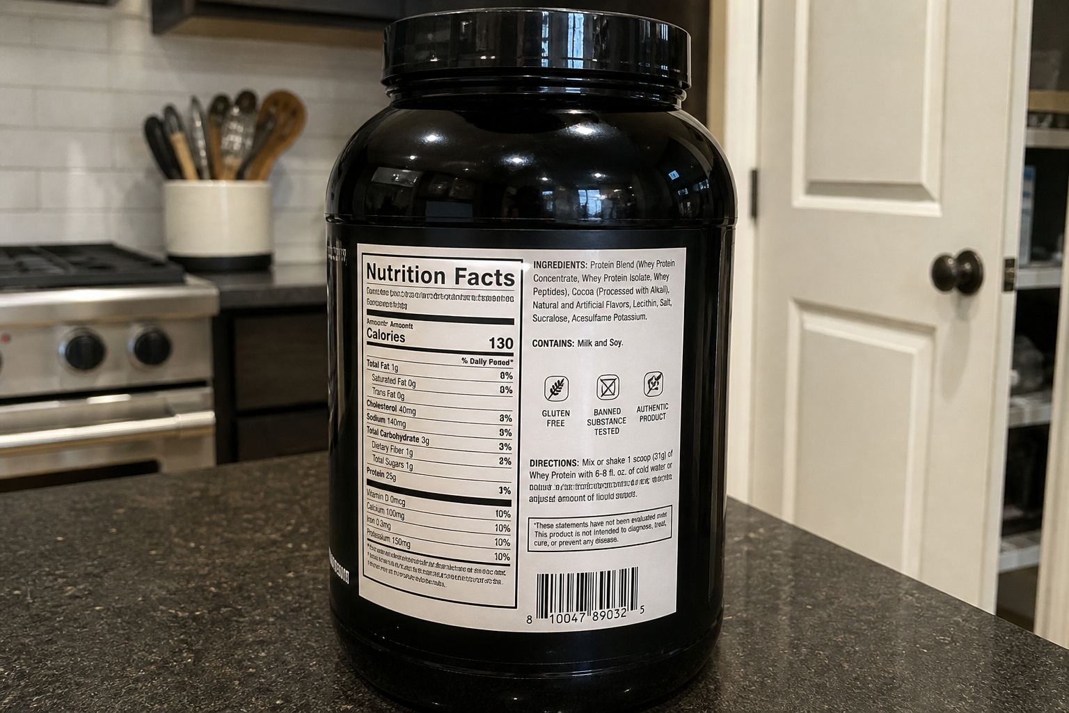A labelled whey protein tub with the ingredients list visible.