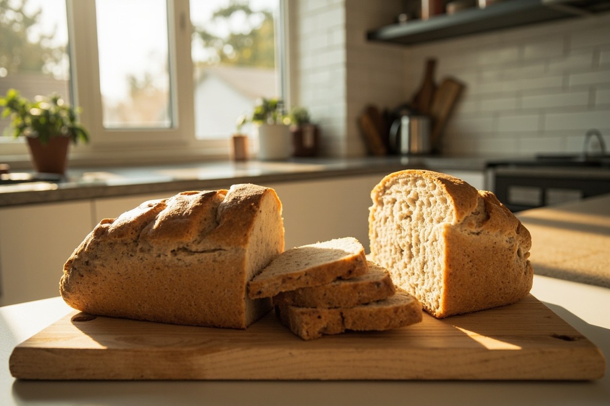 A sliced brown loaf on a wooden board in a bright kitchen with a window in the background, daylight falling across the counter.