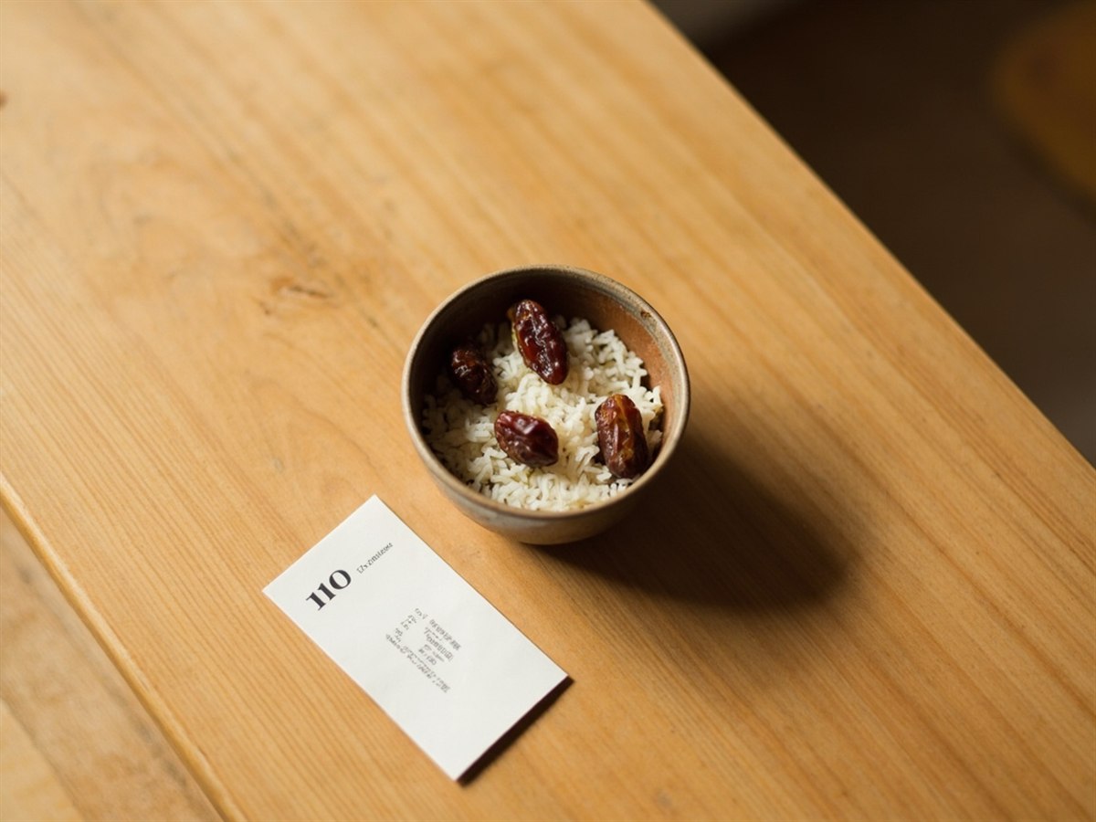 A single bowl of rice and dates on a plain wooden surface, with a folded paper showing a dollar amount.