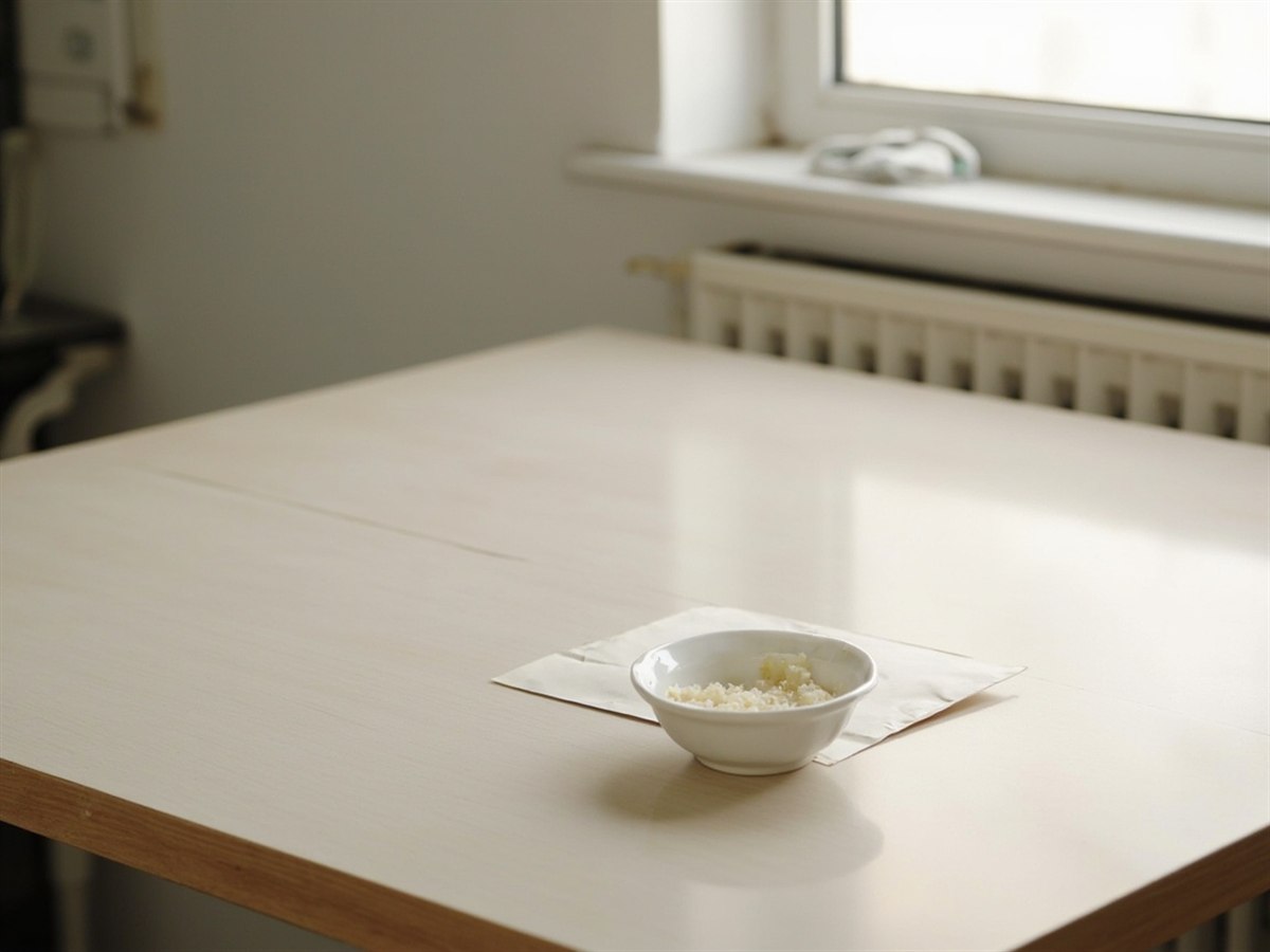 A kitchen table with a small bowl of rice beside a sealed envelope, plain daylight from a side window.