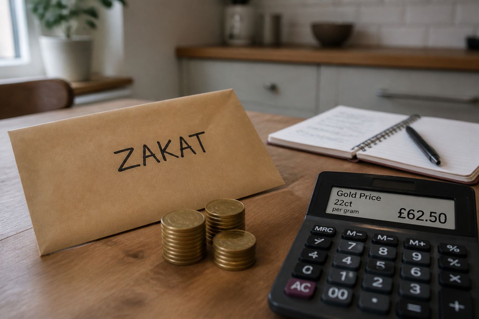 A zakat envelope and a calculator on a kitchen table.